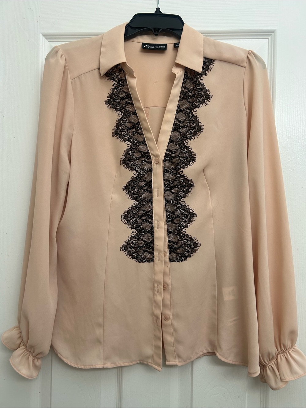 New York & Company Blush Beige Button-Up Shirt with Black Lace Trim